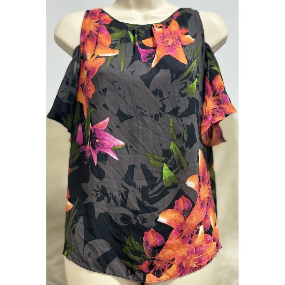 Worthington | Tiger Lilys on Black Cold Shoulder Blouse Size M Dinner Vacation